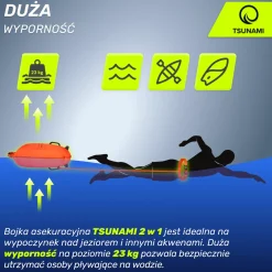 Bojka asekuracyjna do pływania z suchą kieszenią 2w1 TSUNAMI pomarańczowa