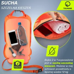 Bojka asekuracyjna do pływania z suchą kieszenią 2w1 TSUNAMI pomarańczowa
