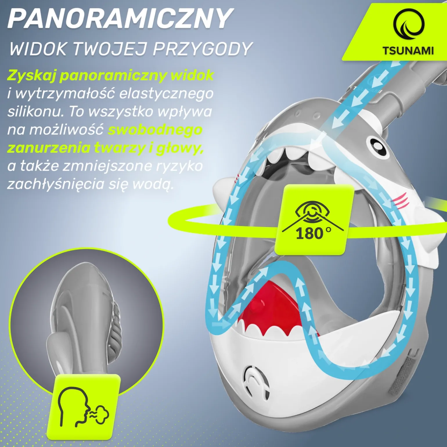 Maska do nurkowania dla dzieci TSUNAMI SHARK szara