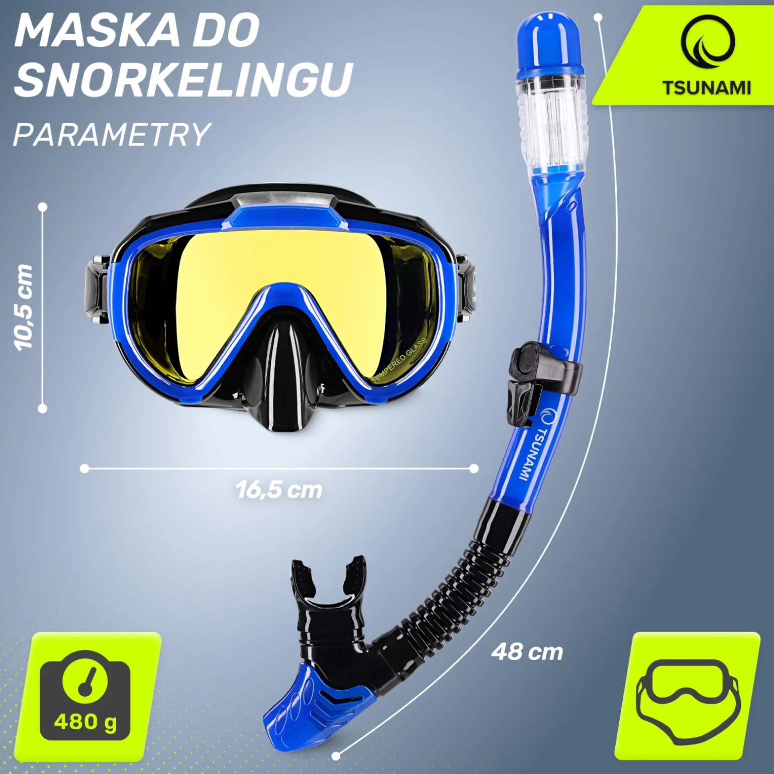 Maska do nurkowania snorkelingu z rurką TSUNAMI niebieska