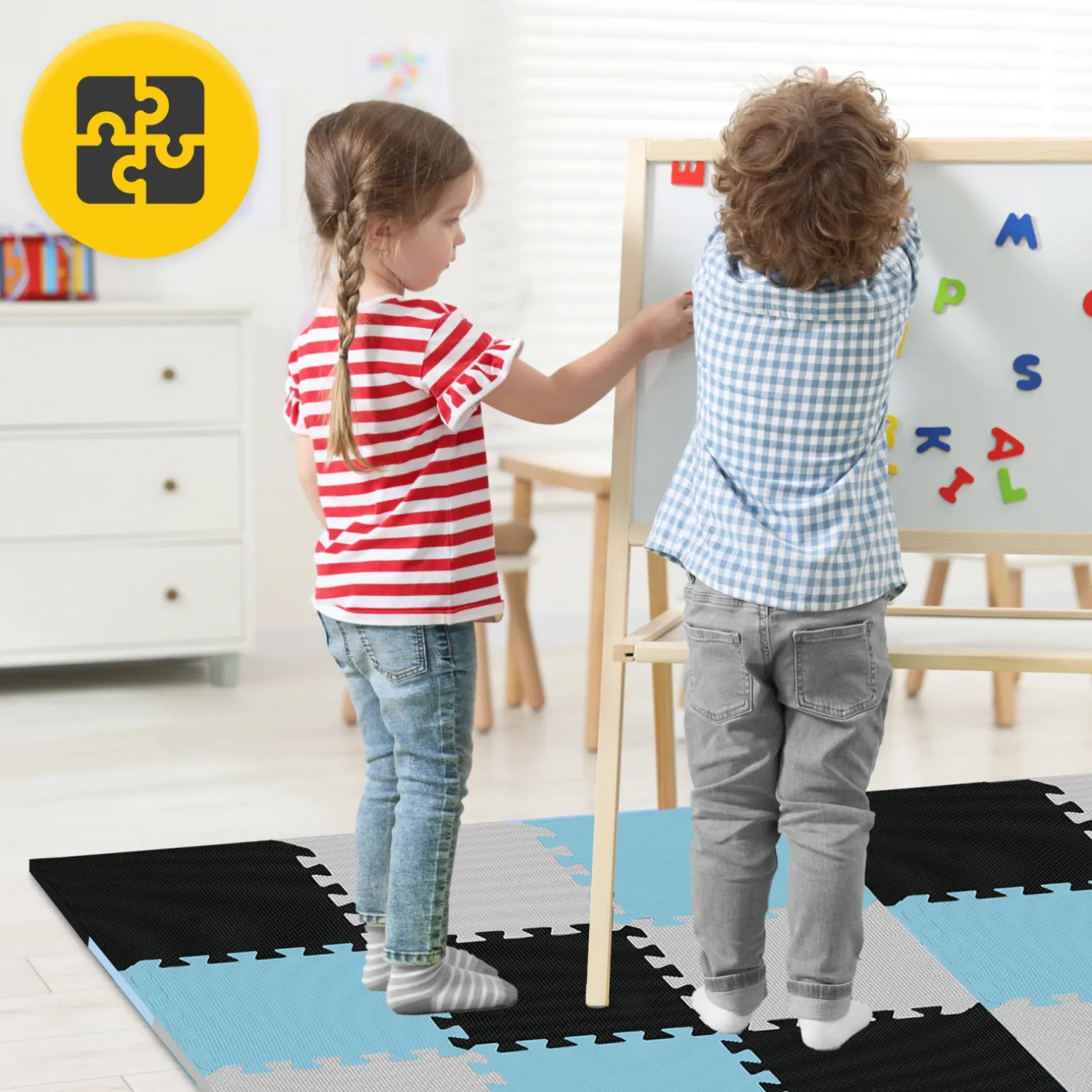 Mata edukacyjna dla dzieci puzzle 90 x 90 cm błękitna